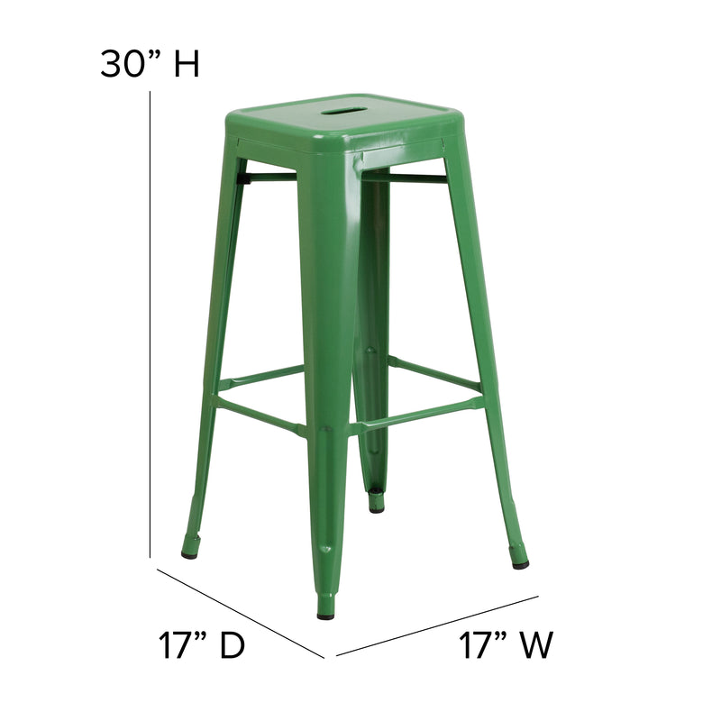 Commercial Grade 30" High Backless Green Metal Indoor-Outdoor Barstool with Square Seat