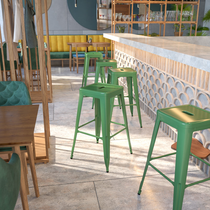 Commercial Grade 30" High Backless Green Metal Indoor-Outdoor Barstool with Square Seat