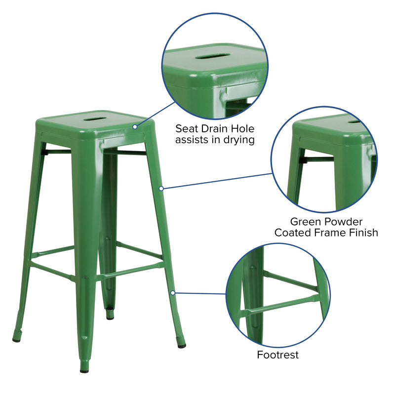 Commercial Grade 30" High Backless Green Metal Indoor-Outdoor Barstool with Square Seat