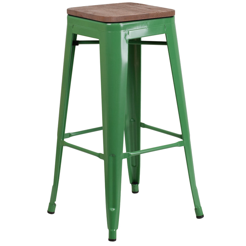 30" High Backless Green Metal Barstool with Square Wood Seat