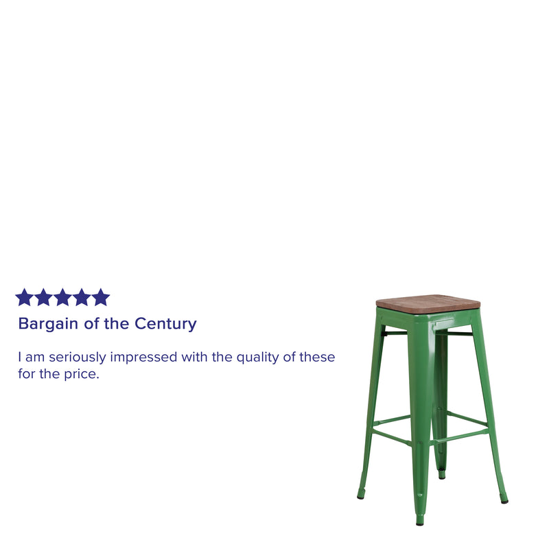 30" High Backless Green Metal Barstool with Square Wood Seat