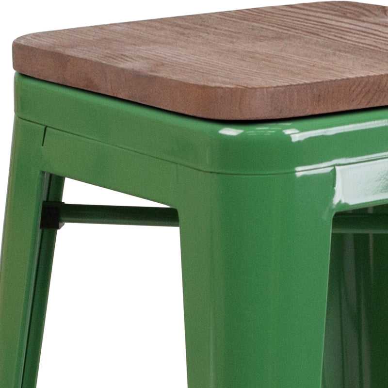 30" High Backless Green Metal Barstool with Square Wood Seat