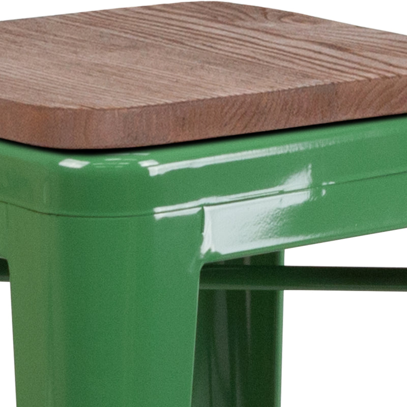 30" High Backless Green Metal Barstool with Square Wood Seat