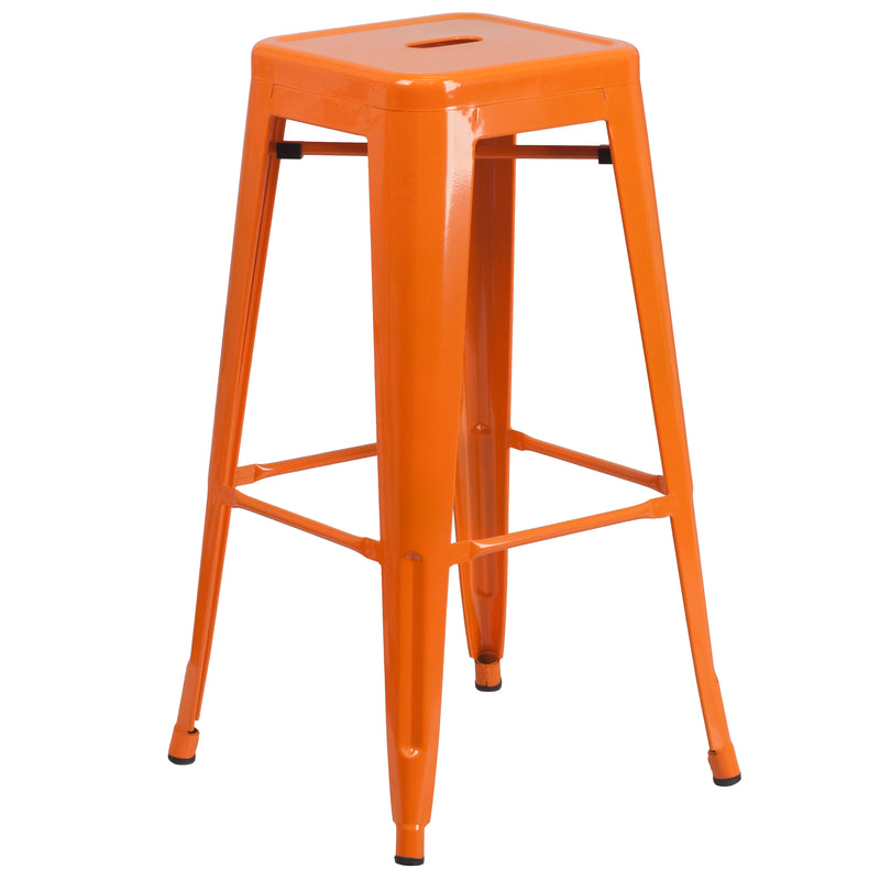 Commercial Grade 30" High Backless Orange Metal Indoor-Outdoor Barstool with Square Seat