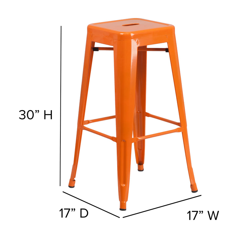 Commercial Grade 30" High Backless Orange Metal Indoor-Outdoor Barstool with Square Seat