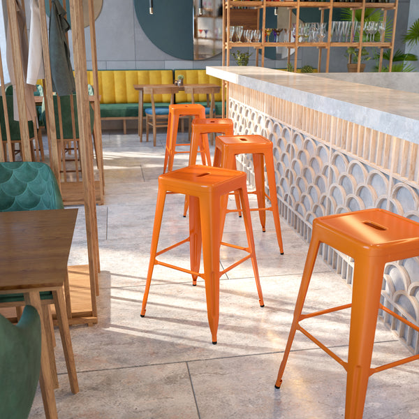 Commercial Grade 30" High Backless Orange Metal Indoor-Outdoor Barstool with Square Seat