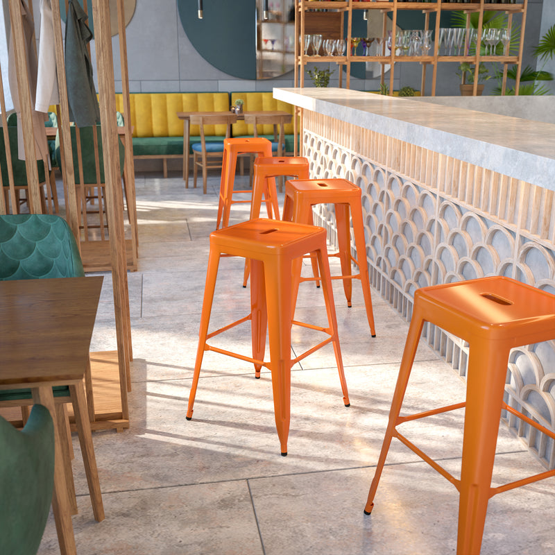 Commercial Grade 30" High Backless Orange Metal Indoor-Outdoor Barstool with Square Seat