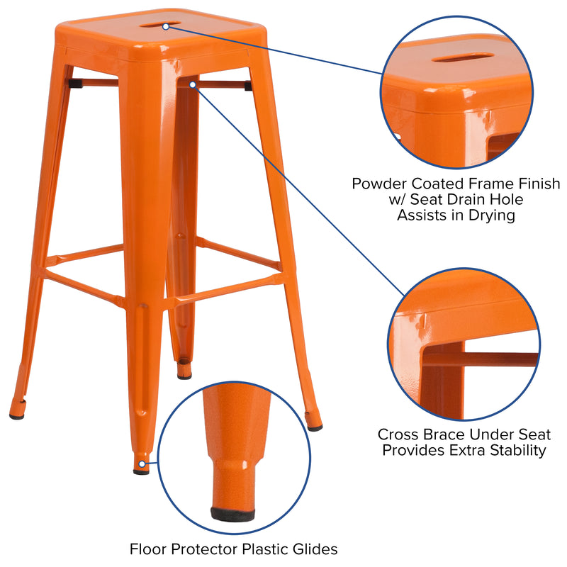 Commercial Grade 30" High Backless Orange Metal Indoor-Outdoor Barstool with Square Seat