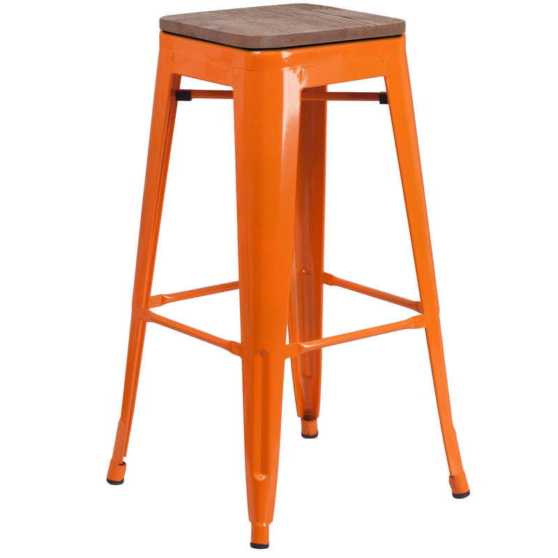 30" High Backless Orange Metal Barstool with Square Wood Seat