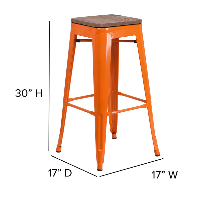 30" High Backless Orange Metal Barstool with Square Wood Seat