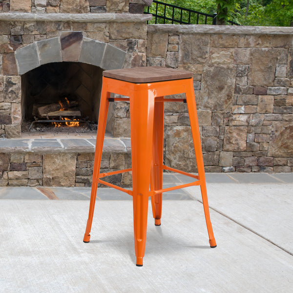 30" High Backless Orange Metal Barstool with Square Wood Seat