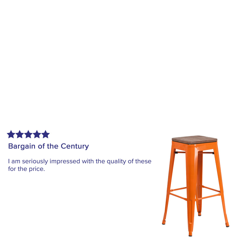 30" High Backless Orange Metal Barstool with Square Wood Seat