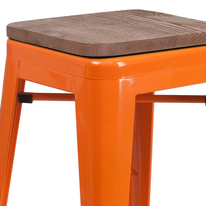 30" High Backless Orange Metal Barstool with Square Wood Seat