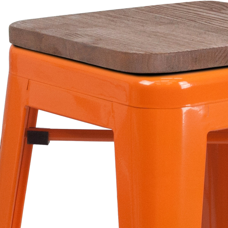 30" High Backless Orange Metal Barstool with Square Wood Seat