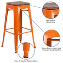 30" High Backless Orange Metal Barstool with Square Wood Seat
