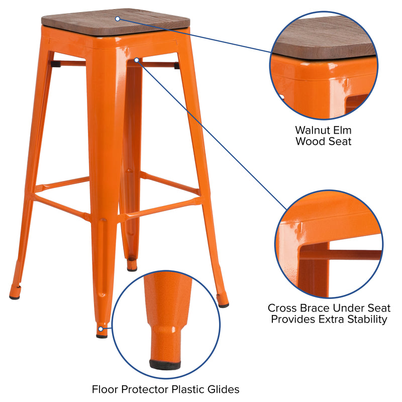 30" High Backless Orange Metal Barstool with Square Wood Seat