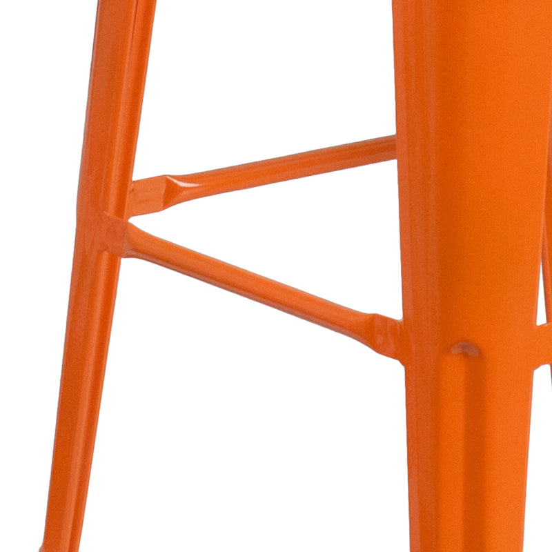 30" High Backless Orange Metal Barstool with Square Wood Seat