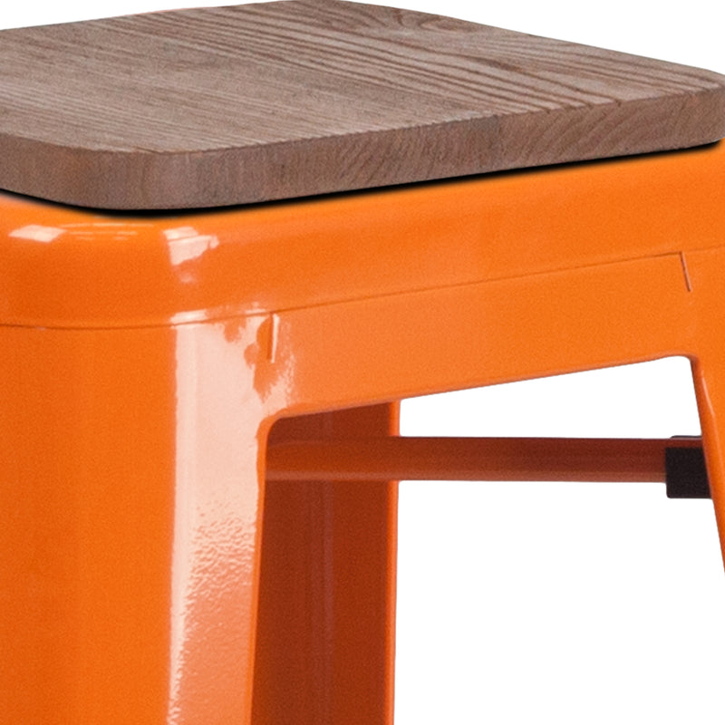 30" High Backless Orange Metal Barstool with Square Wood Seat