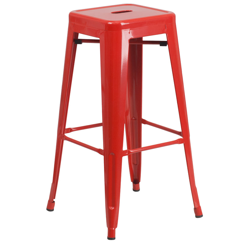 Commercial Grade 30" High Backless Red Metal Indoor-Outdoor Barstool with Square Seat