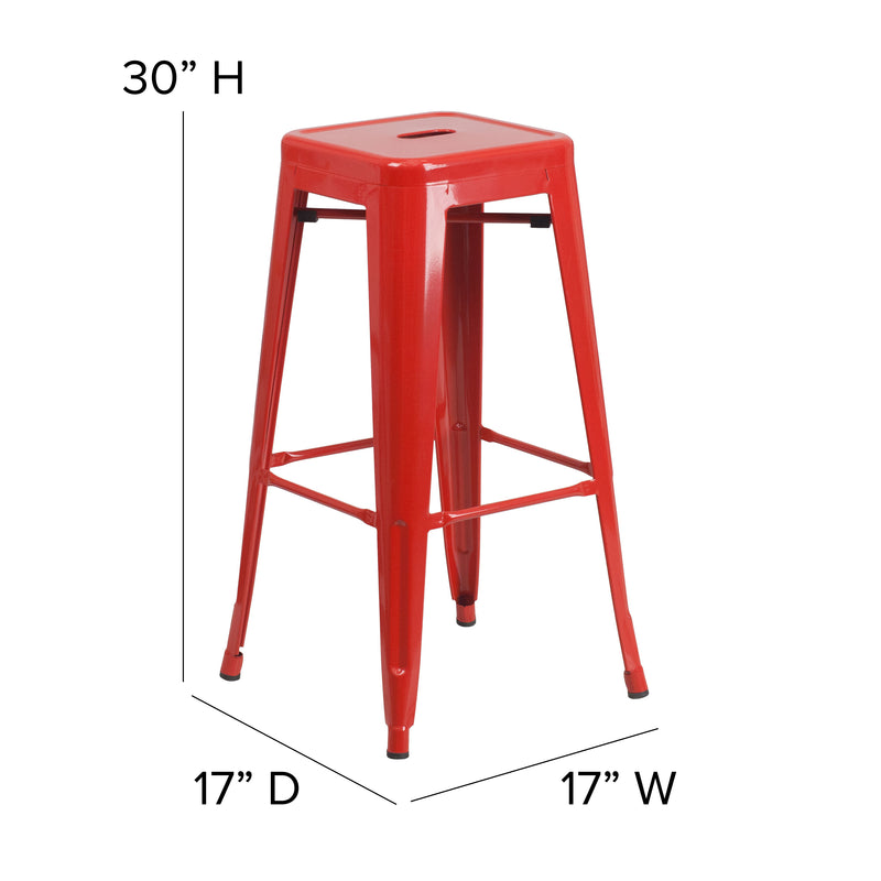 Commercial Grade 30" High Backless Red Metal Indoor-Outdoor Barstool with Square Seat