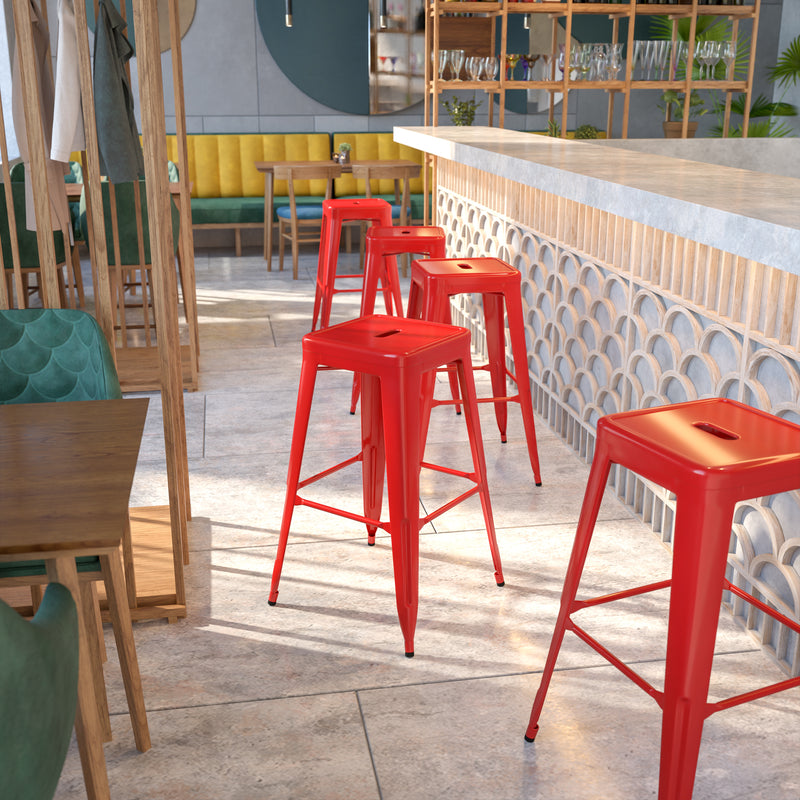 Commercial Grade 30" High Backless Red Metal Indoor-Outdoor Barstool with Square Seat