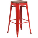 30" High Backless Red Metal Barstool with Square Wood Seat