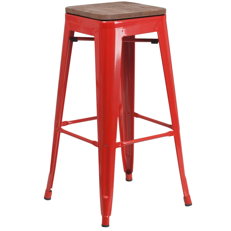 30" High Backless Red Metal Barstool with Square Wood Seat