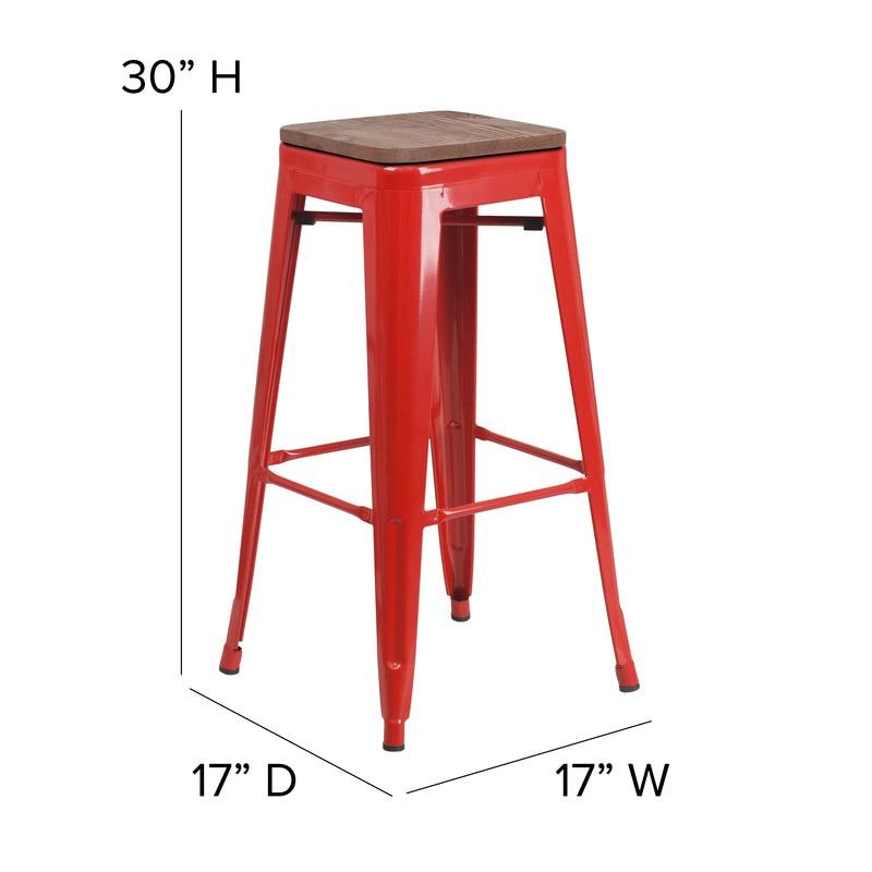 30" High Backless Red Metal Barstool with Square Wood Seat