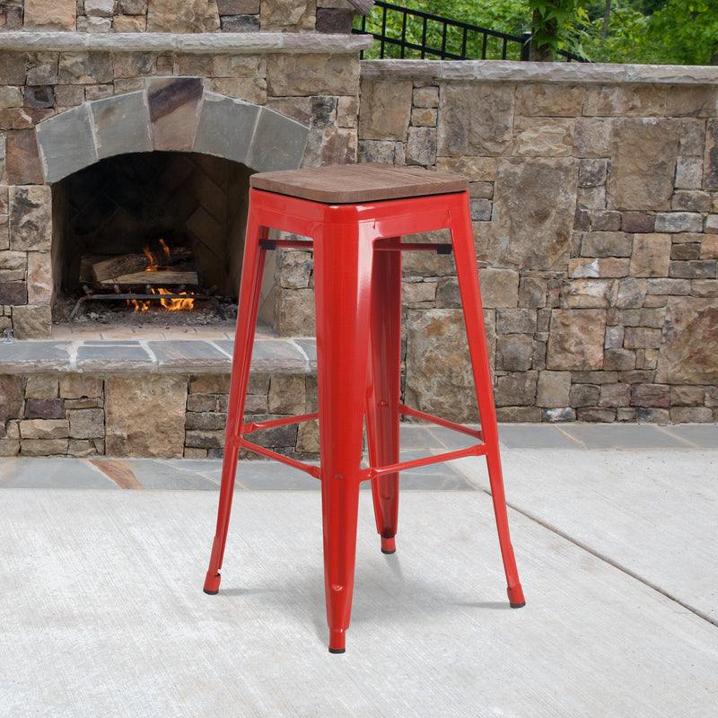 30" High Backless Red Metal Barstool with Square Wood Seat