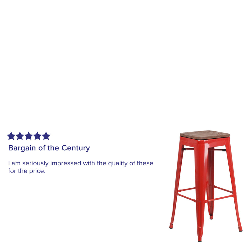 30" High Backless Red Metal Barstool with Square Wood Seat