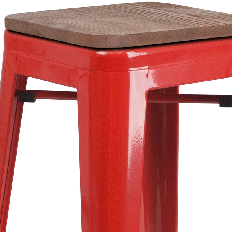 30" High Backless Red Metal Barstool with Square Wood Seat