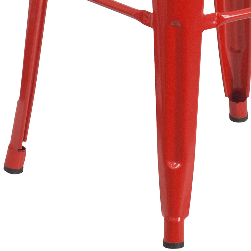 30" High Backless Red Metal Barstool with Square Wood Seat