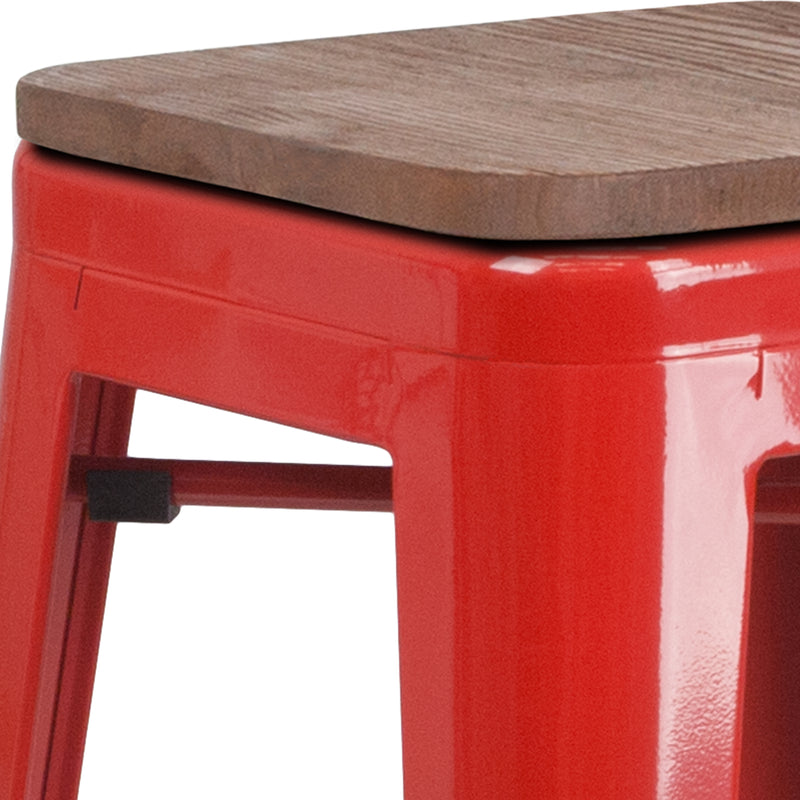 30" High Backless Red Metal Barstool with Square Wood Seat