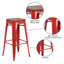 30" High Backless Red Metal Barstool with Square Wood Seat