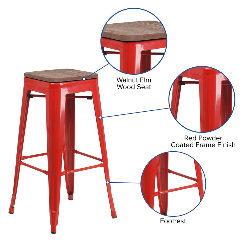 30" High Backless Red Metal Barstool with Square Wood Seat