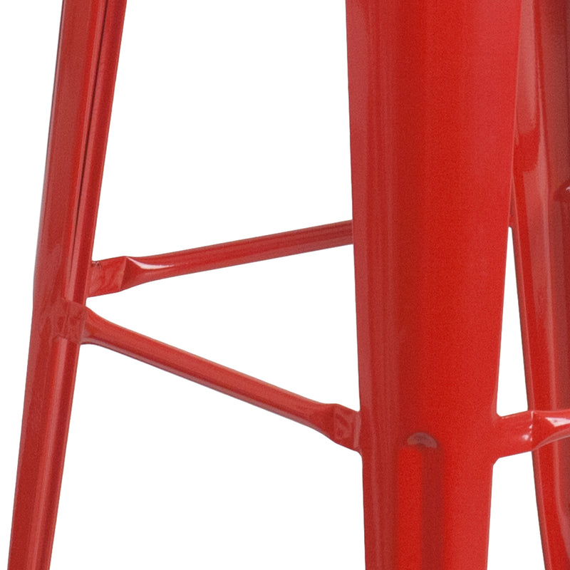 30" High Backless Red Metal Barstool with Square Wood Seat