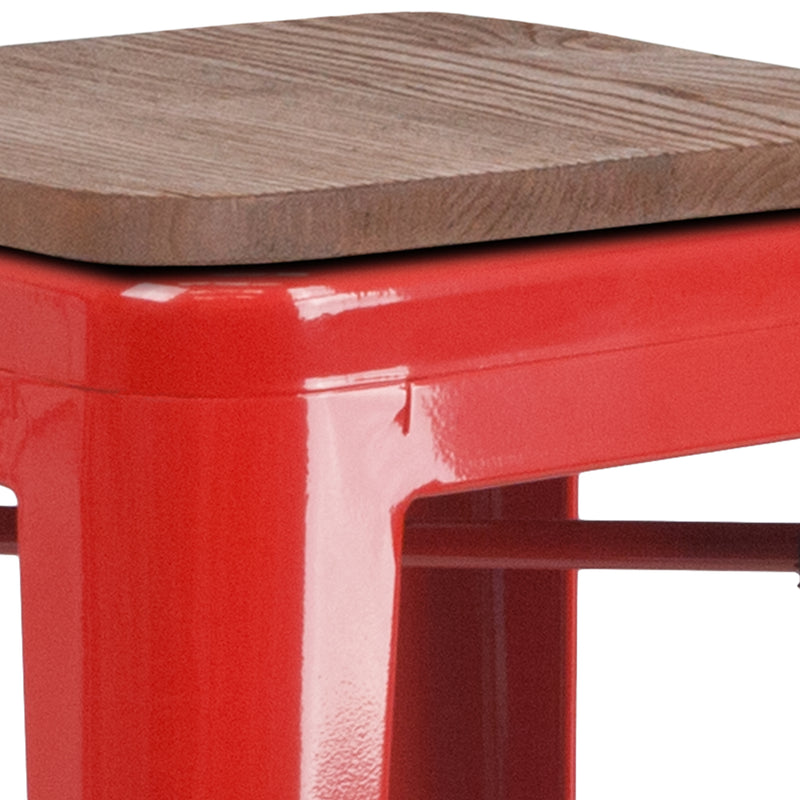 30" High Backless Red Metal Barstool with Square Wood Seat