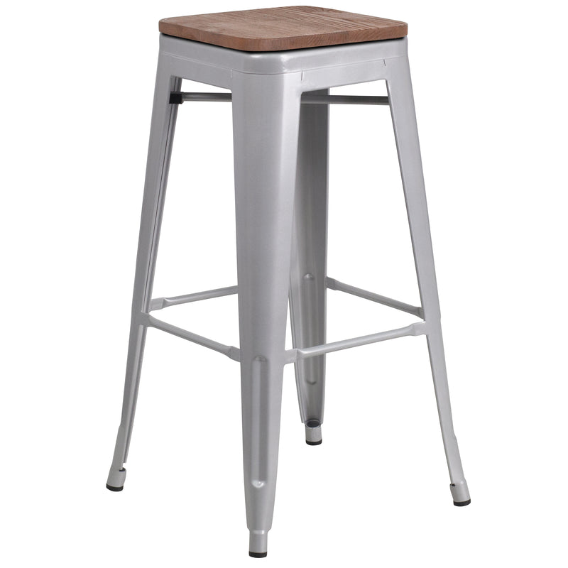 30" High Backless Silver Metal Barstool with Square Wood Seat