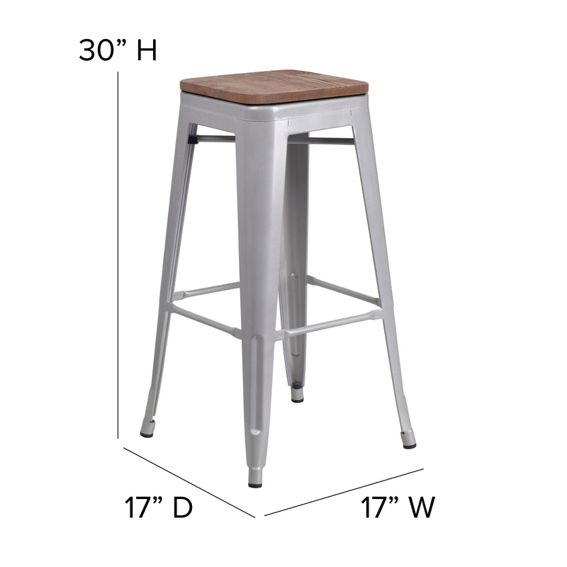 30" High Backless Silver Metal Barstool with Square Wood Seat