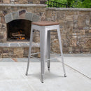 30" High Backless Silver Metal Barstool with Square Wood Seat