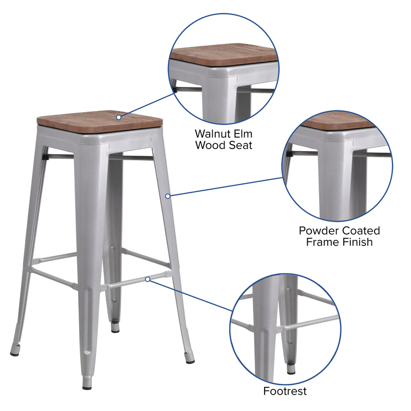 30" High Backless Silver Metal Barstool with Square Wood Seat