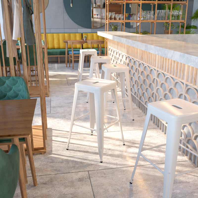 Commercial Grade 30" High Backless White Metal Indoor-Outdoor Barstool with Square Seat