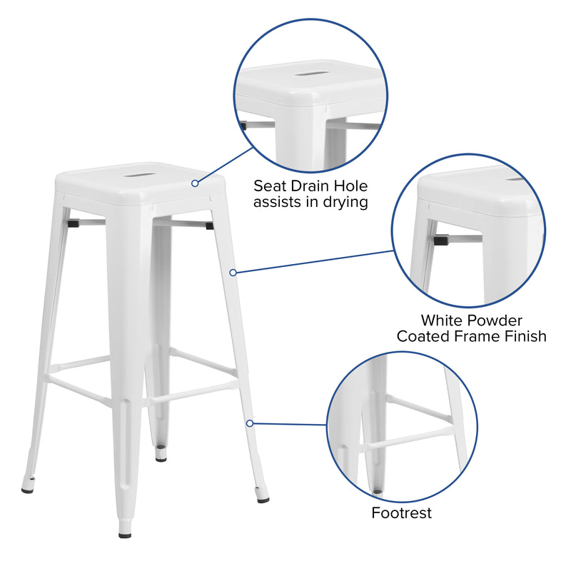 Commercial Grade 30" High Backless White Metal Indoor-Outdoor Barstool with Square Seat