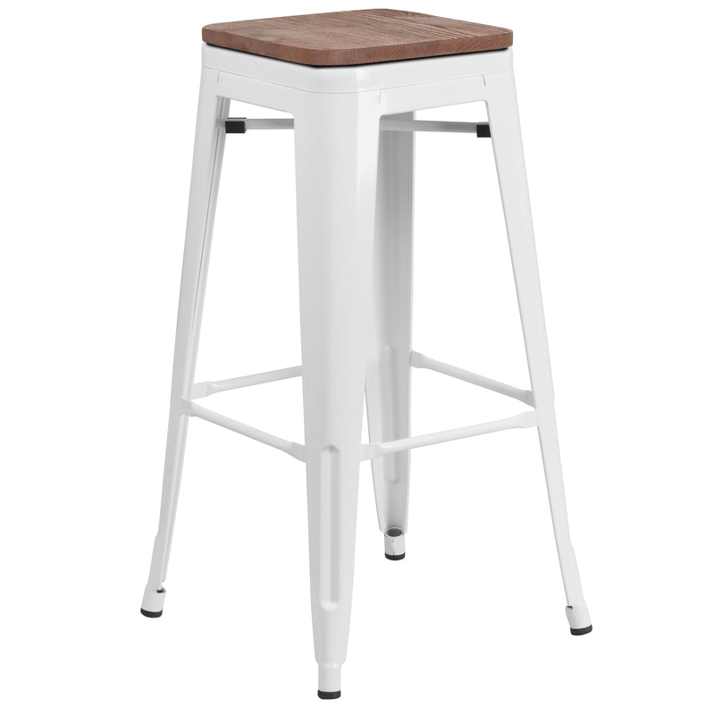 30" High Backless White Metal Barstool with Square Wood Seat