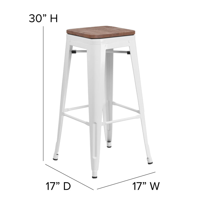 30" High Backless White Metal Barstool with Square Wood Seat