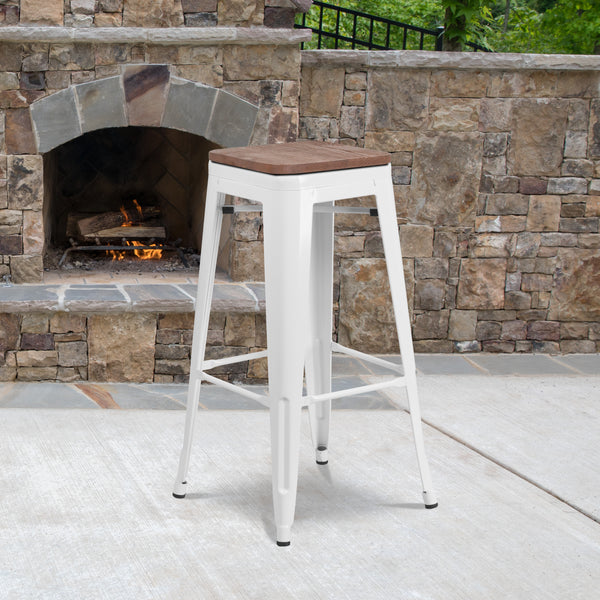 30" High Backless White Metal Barstool with Square Wood Seat