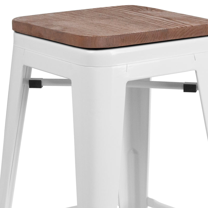 30" High Backless White Metal Barstool with Square Wood Seat