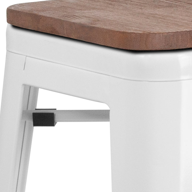 30" High Backless White Metal Barstool with Square Wood Seat