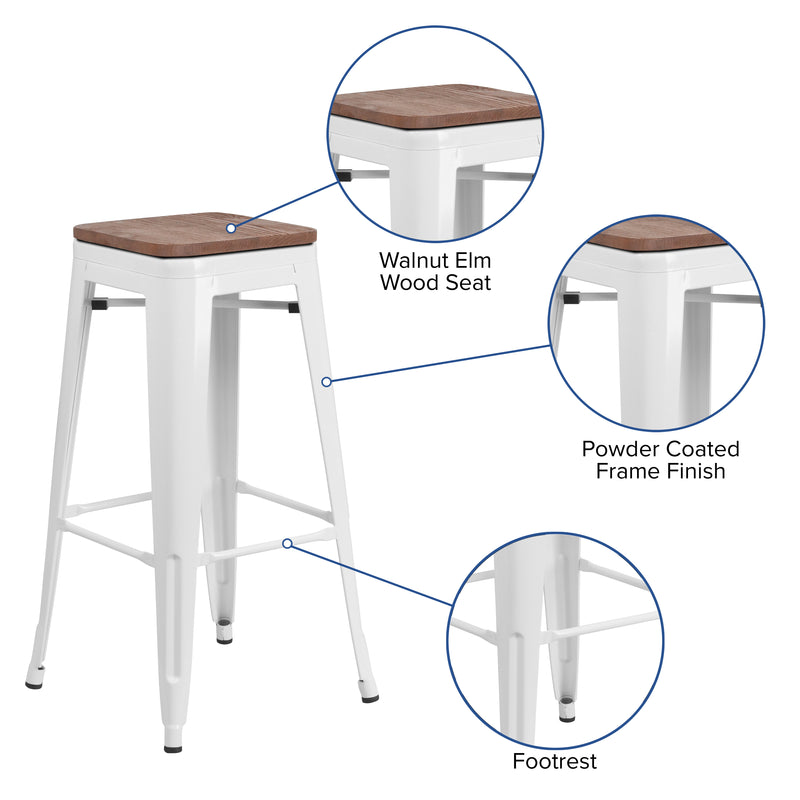 30" High Backless White Metal Barstool with Square Wood Seat