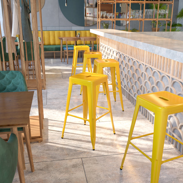 Commercial Grade 30" High Backless Yellow Metal Indoor-Outdoor Barstool with Square Seat